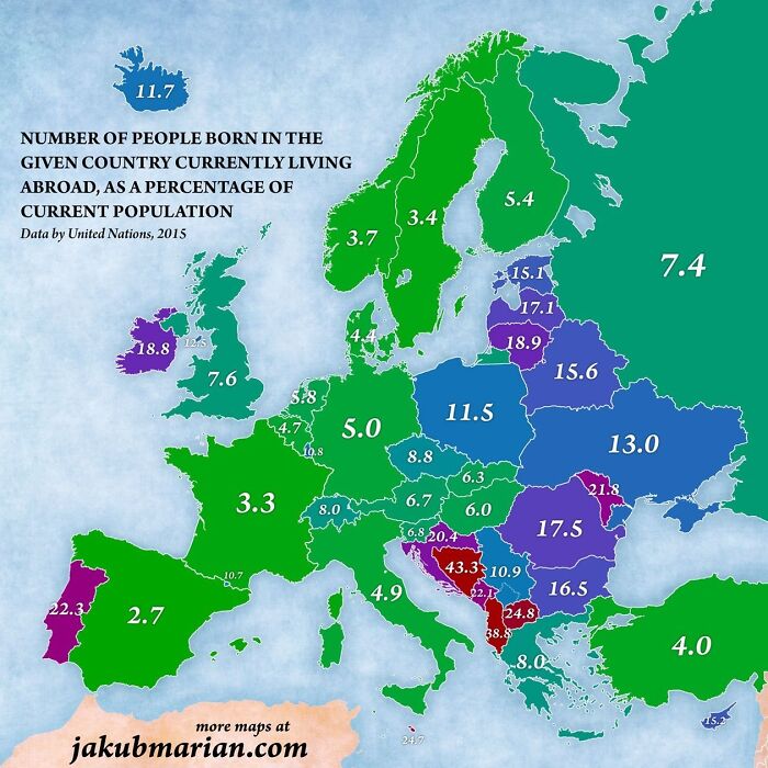 Map Of Number Of People Born In The Given Country Currently Living Abroad, As A Percentage Of The Total Population, As Of 2015