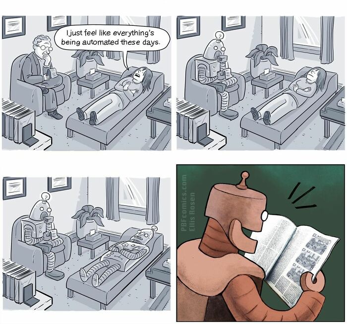 Comic strip from Perry Bible Fellowship showing a robot replacing a therapist in a twisted, automated therapy session.