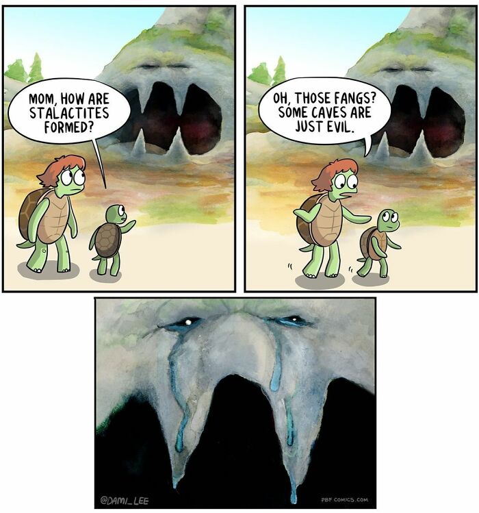 Comic strip by Perry Bible Fellowship showing turtles near a cave with twisted storytelling about stalactites and caves.