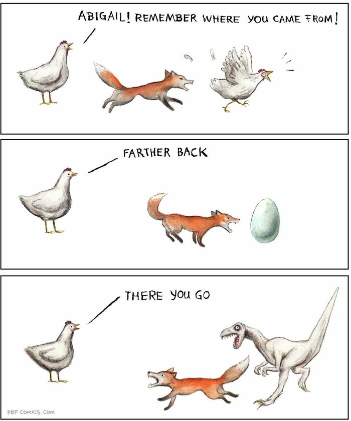 Chicken instructing a fox to remember its origins, showing evolution back to the dinosaur in a twisted comic style.