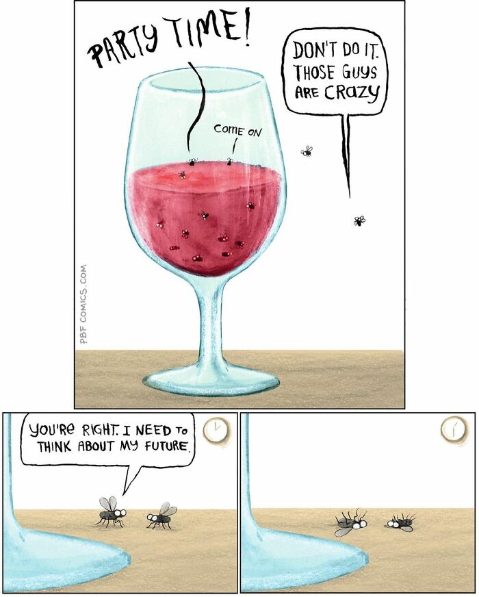 Comic strip from Perry Bible Fellowship showing flies debating entering a wine glass, illustrating twisted comic stories.