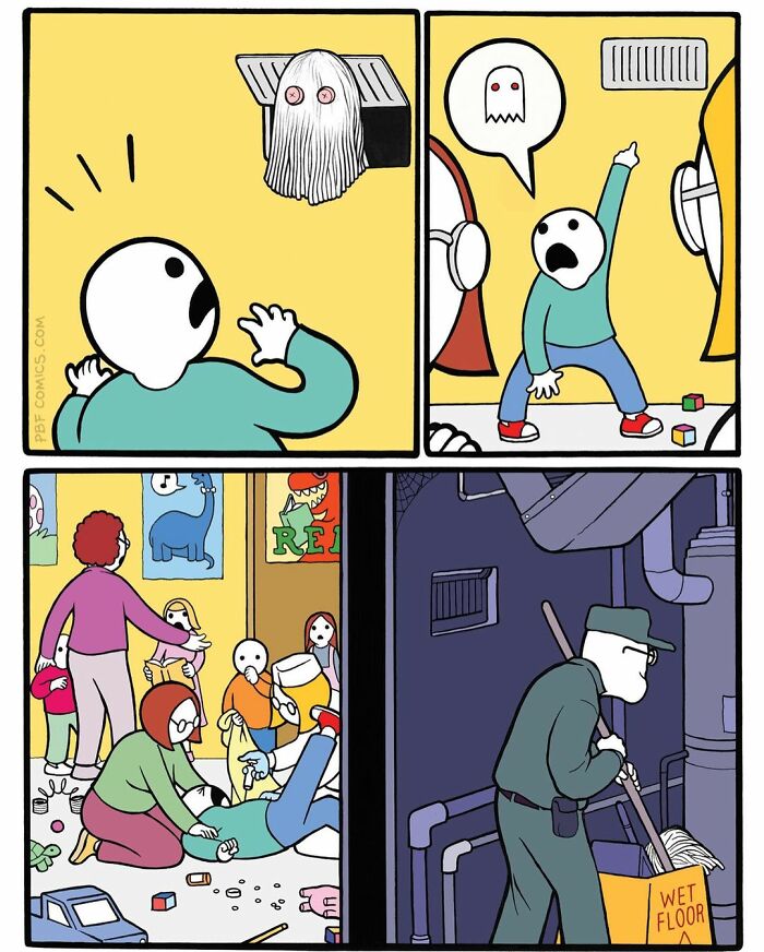 Comic panels showing a person encountering a ghost, causing chaos, and a janitor cleaning with a wet floor sign, Perry Bible Fellowship.