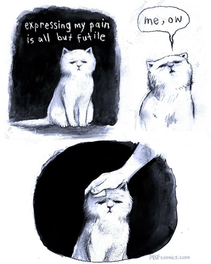 Black and white comic by Perry Bible Fellowship featuring a sad cat expressing pain and receiving a comforting pat on the head.