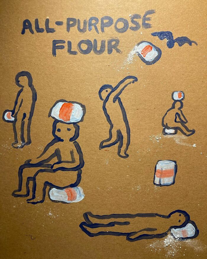 Cartoon figures interacting humorously with all-purpose flour bags in a whimsical Perry Bible Fellowship comic style.