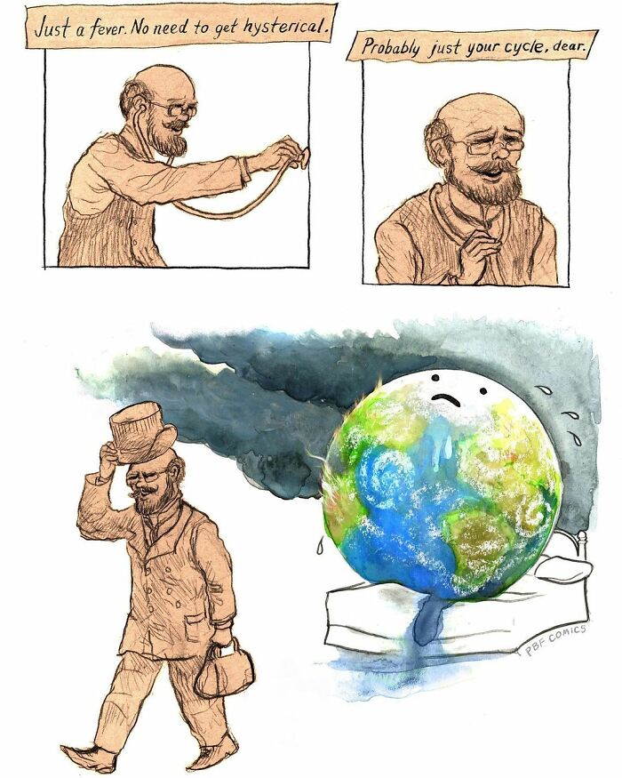 Comic strip from Perry Bible Fellowship shows a man dismissing Earth's environmental distress with humor and irony.