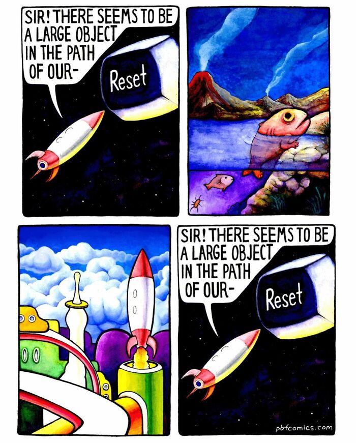 Rocket in space encounters a giant reset key, shown in a colorful, twisted comic style by Perry Bible Fellowship.