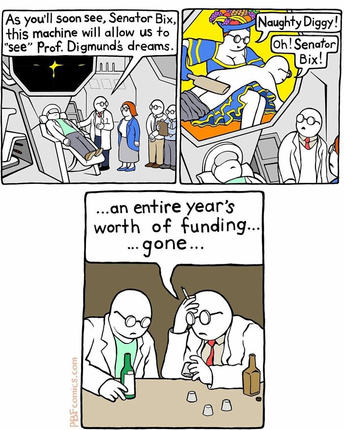 Comic scene from Perry Bible Fellowship showing scientists seeing bizarre dreams and discussing lost funding over drinks.