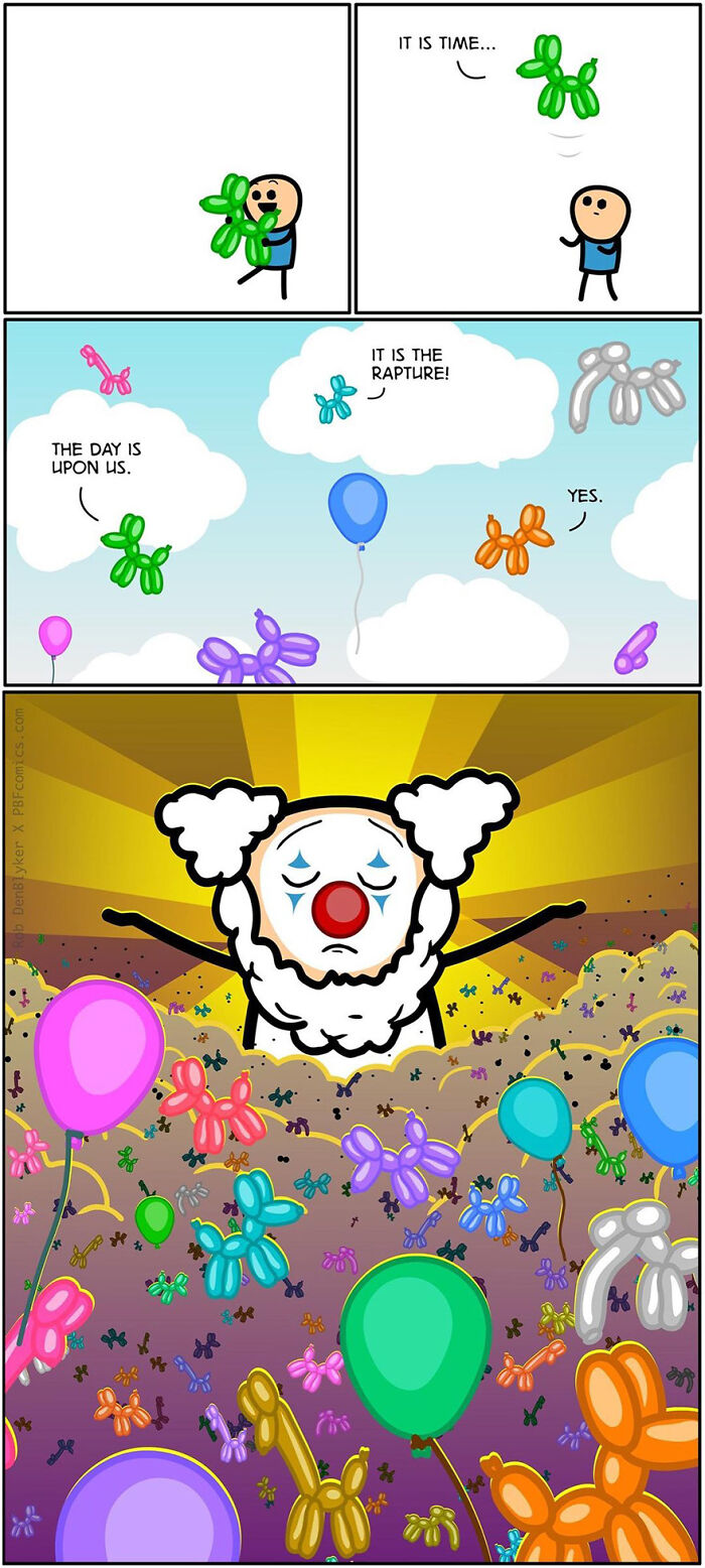 Comic panels showing a man releasing balloon animals as others declare it is the rapture in a twisted Perry Bible Fellowship comic.