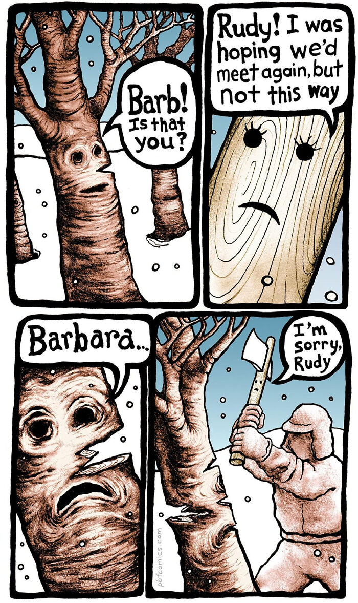 Comic strip from Perry Bible Fellowship showing a twisted story with a talking tree and a man holding an axe in snow.