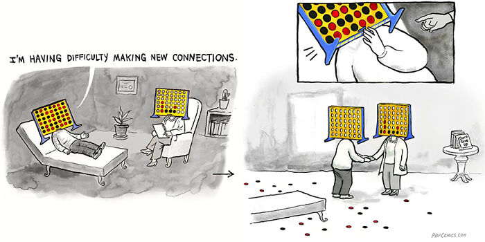Comic scene showing two Connect Four game pieces, one on a therapist couch saying difficulty making new connections, then connecting with another piece.