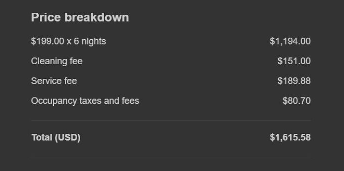 My First Airbnb Bill. I Booked This In February. The Website Says Nothing About Cleaning Or Service Fees Which Raises The Price 30%. Should Have Stayed In A Hotel