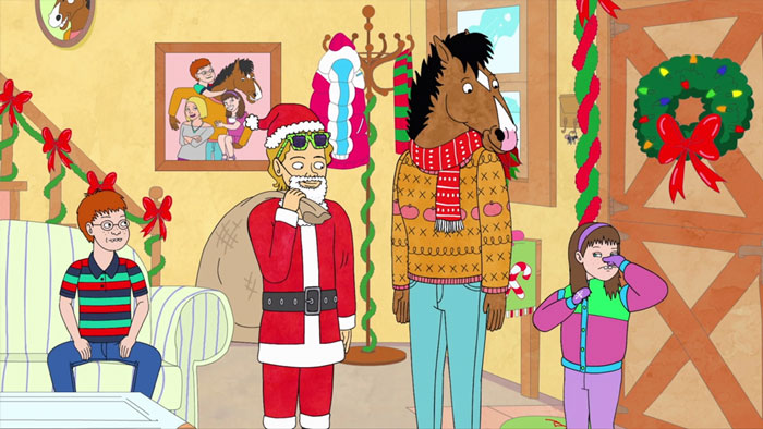  Bojack wearing knitted sweater and scarf 