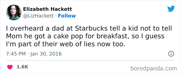 Tweet by a woman humorously describing a dad telling a kid not to tell Mom about cake pop breakfast, highlighting funniest tweets.