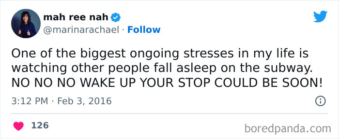 Tweet from woman about stress of watching people fall asleep on subway, sharing a funny relatable moment featured in funniest tweets.