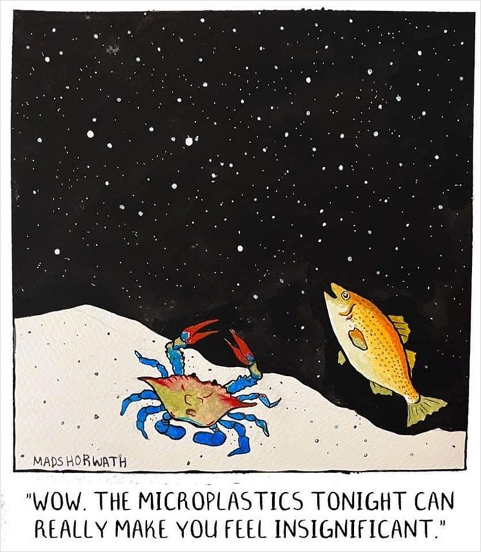 Cartoon of a crab and fish in the ocean at night with microplastics, highlighting dark memes about nature and the planet.