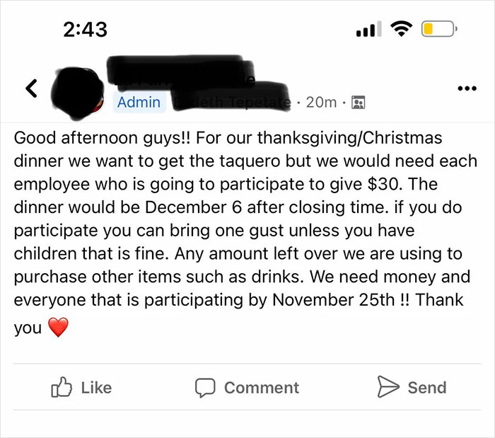 "I'd Be Busy That Night": Company Higher-Ups Expect Staff To Shell Out $30 Each For The Corporate Christmas Party