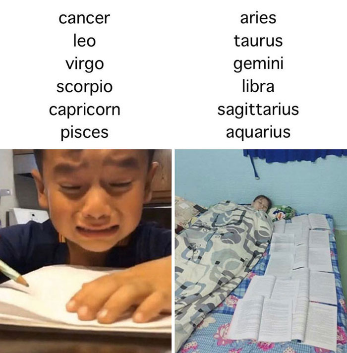 Different signs doing homework meme