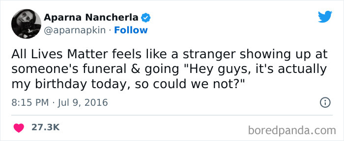 Tweet about All Lives Matter comparing it to an awkward stranger disrupting a funeral with a birthday comment, humor in funny tweets.