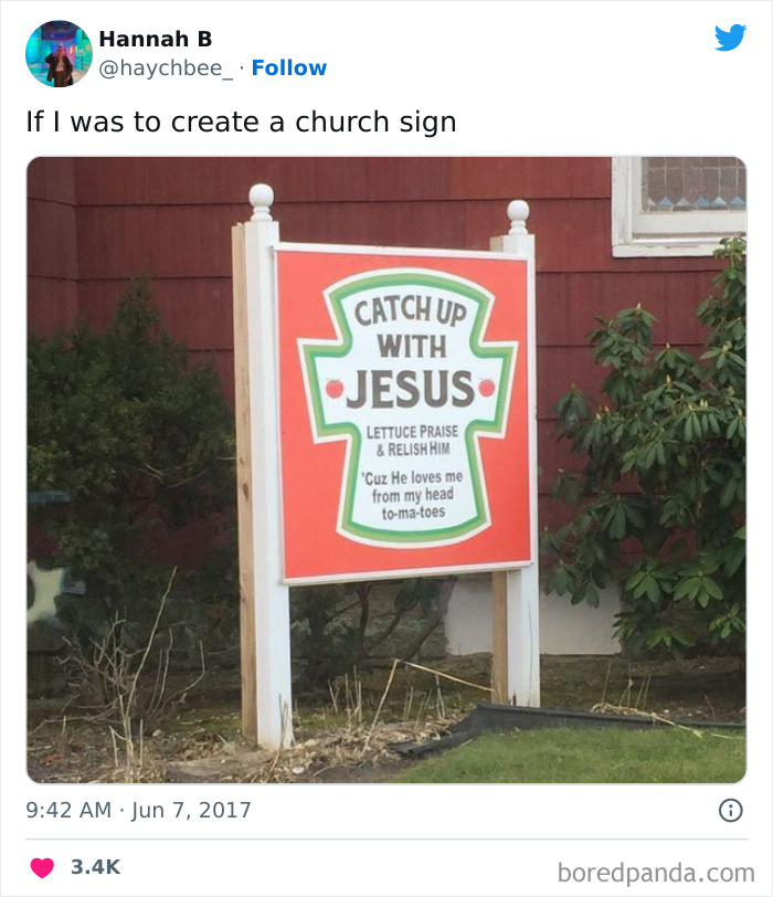 Funny church sign that looks like Heinz tomato kethcup logo