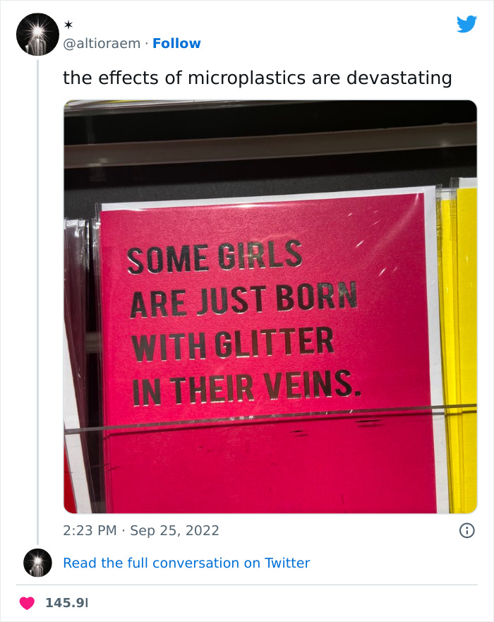 Pink card with text highlighting a dark meme about nature and microplastics shared on a Facebook group.