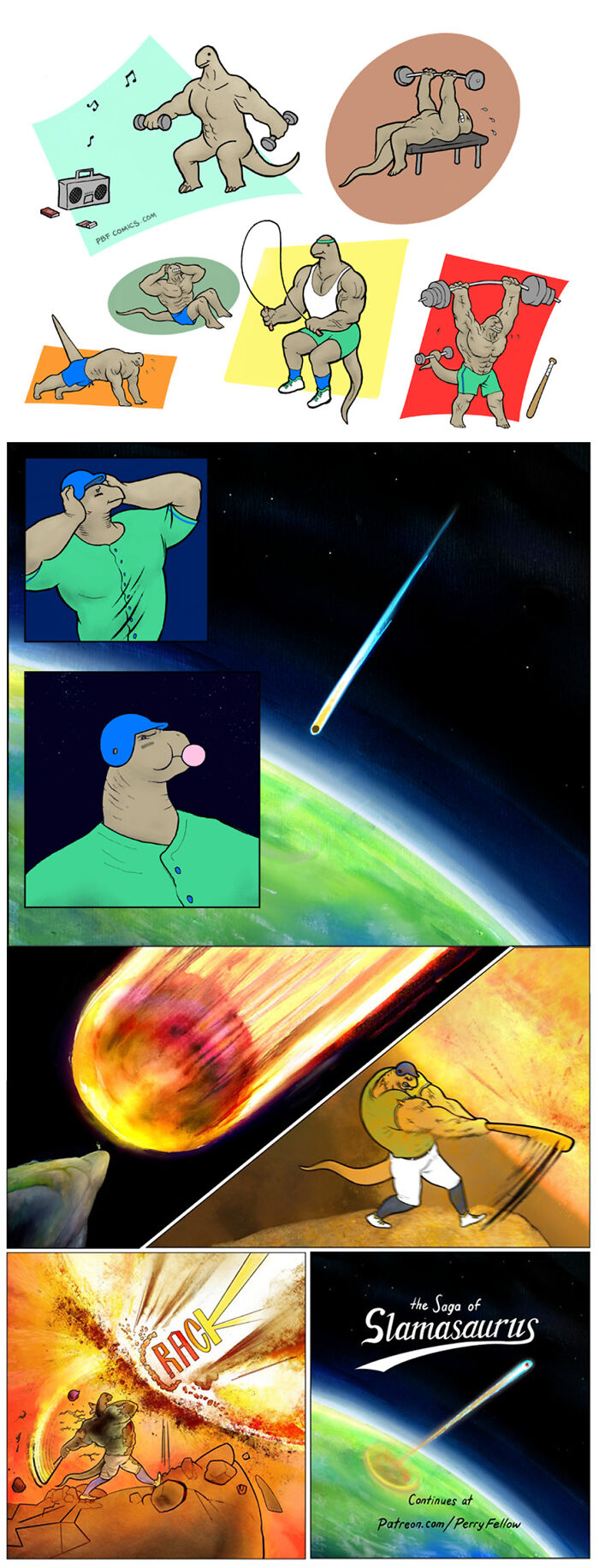 Cartoon dinosaurs exercising and playing baseball in a twisted story style from Perry Bible Fellowship comics.