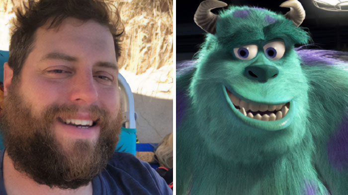 Sully From Monsters, Inc and a similar looking man with a beard 