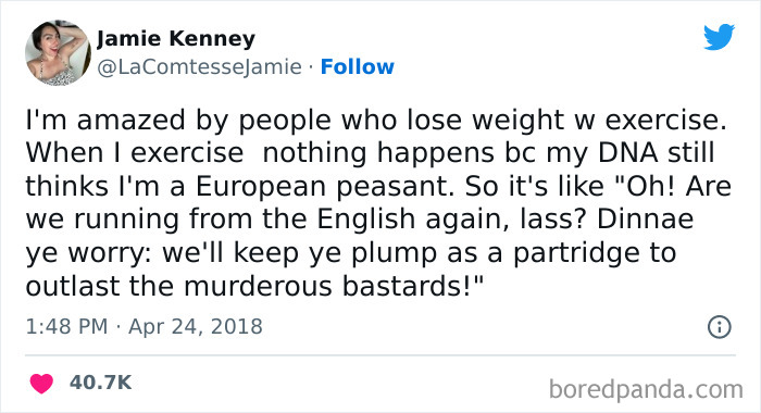 Tweet from a woman humorously discussing exercise and weight loss, featured in funniest tweets from women this week.