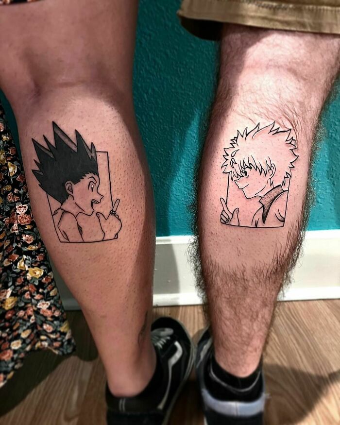 Anime-themed BFF tattoo ideas featuring character designs on legs against a teal wall background.