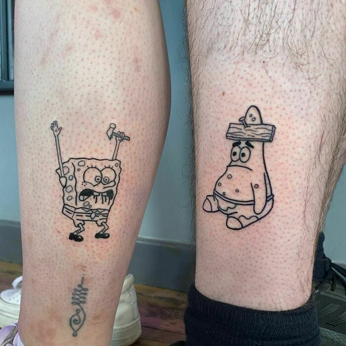 Matching best friend tattoos of cartoon characters Spongebob Squarepants And Patrick Star on calves, symbolizing friendship and connection.