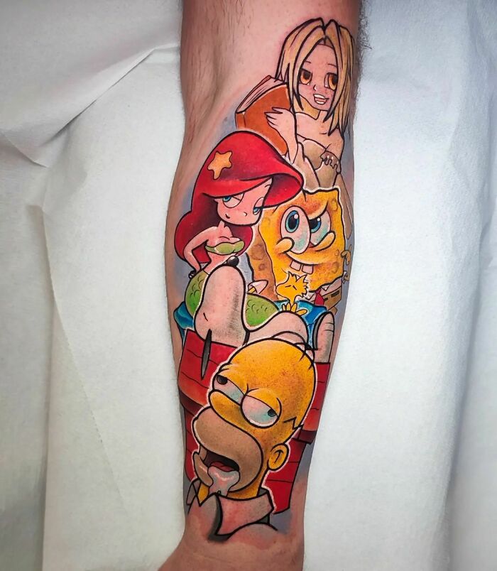 Homer Simpson, Ariel and SpongeBob SquarePants Tattoo