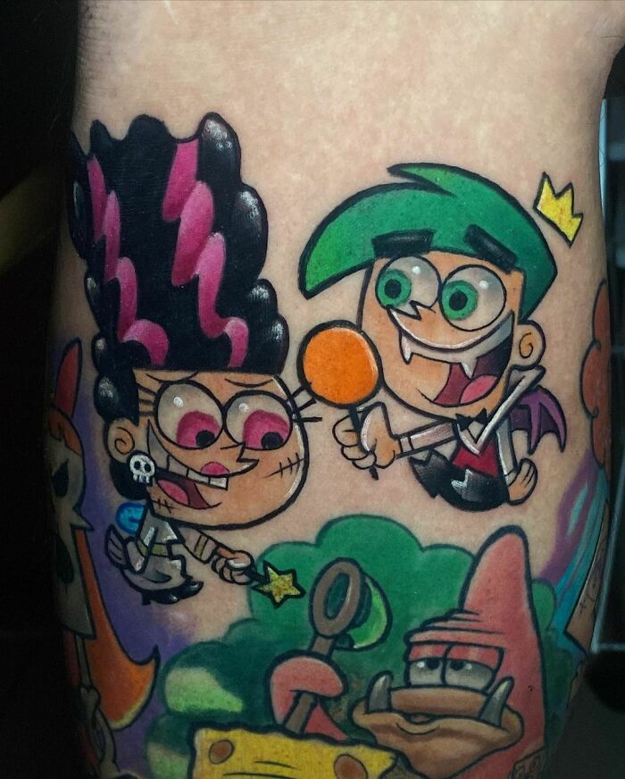 Cartoon tattoo featuring characters inspired by favorite animated shows, including a vampire holding a lollipop.