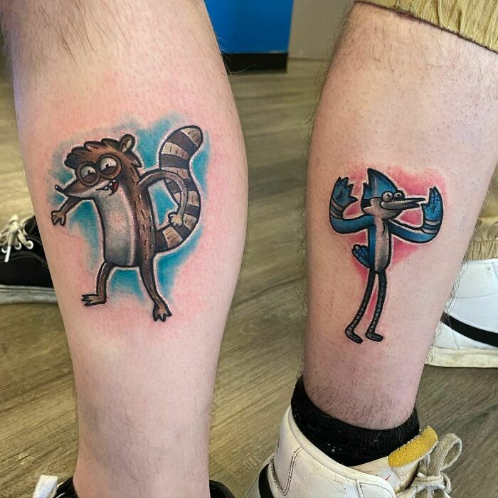 Cartoon tattoos on calves featuring popular childhood characters, showcasing vibrant colors and playful nostalgia.