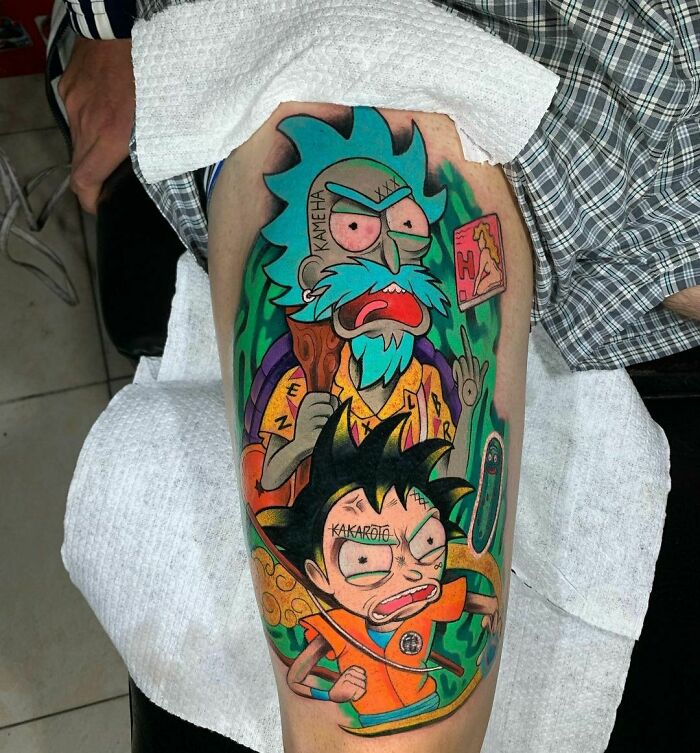 Colorful cartoon tattoo featuring characters from popular childhood favorites.