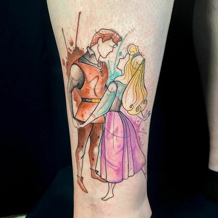 Watercolor style cartoon tattoo of a dancing couple Sleeping Beauty And Prince Phillip on a leg, inspired by classic characters from the past.