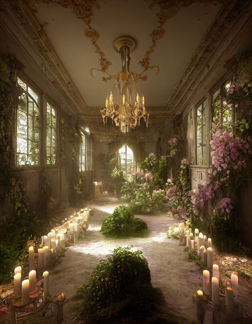 Abandoned room overgrown with plants and flowers, lit by candles and natural light, showcasing beautiful AI dream world imagery.