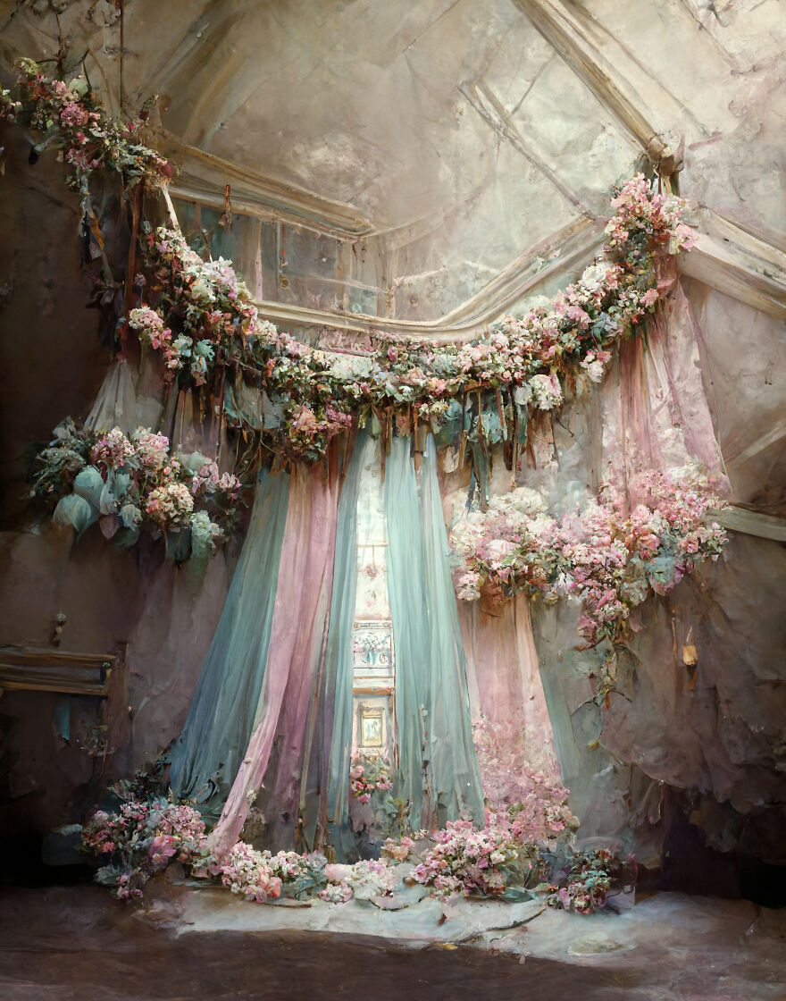 Dream world scene with delicate pastel flowers and flowing drapes creating a beautiful, ethereal AI-generated image.