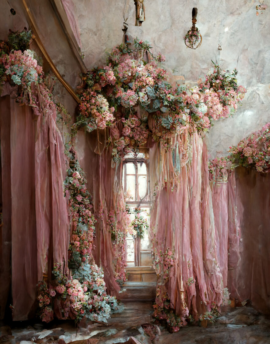 Dream world scene with flowing pink fabric and abundant flowers creating a surreal and beautiful floral environment.