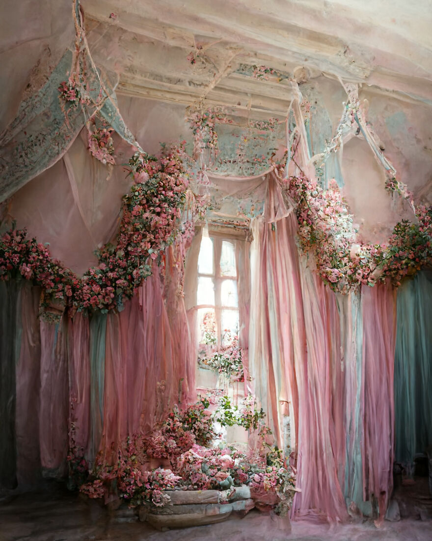 Dream world scene with soft pink drapes and abundant flowers, showcasing beautiful AI-generated imagery.