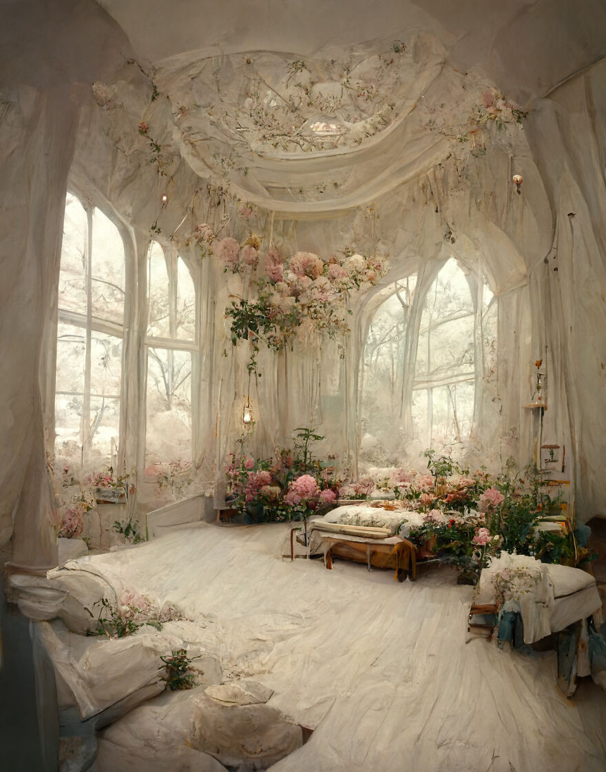 Dream world bedroom filled with flowers and soft light, showcasing beautiful AI-generated floral decor and natural ambiance.