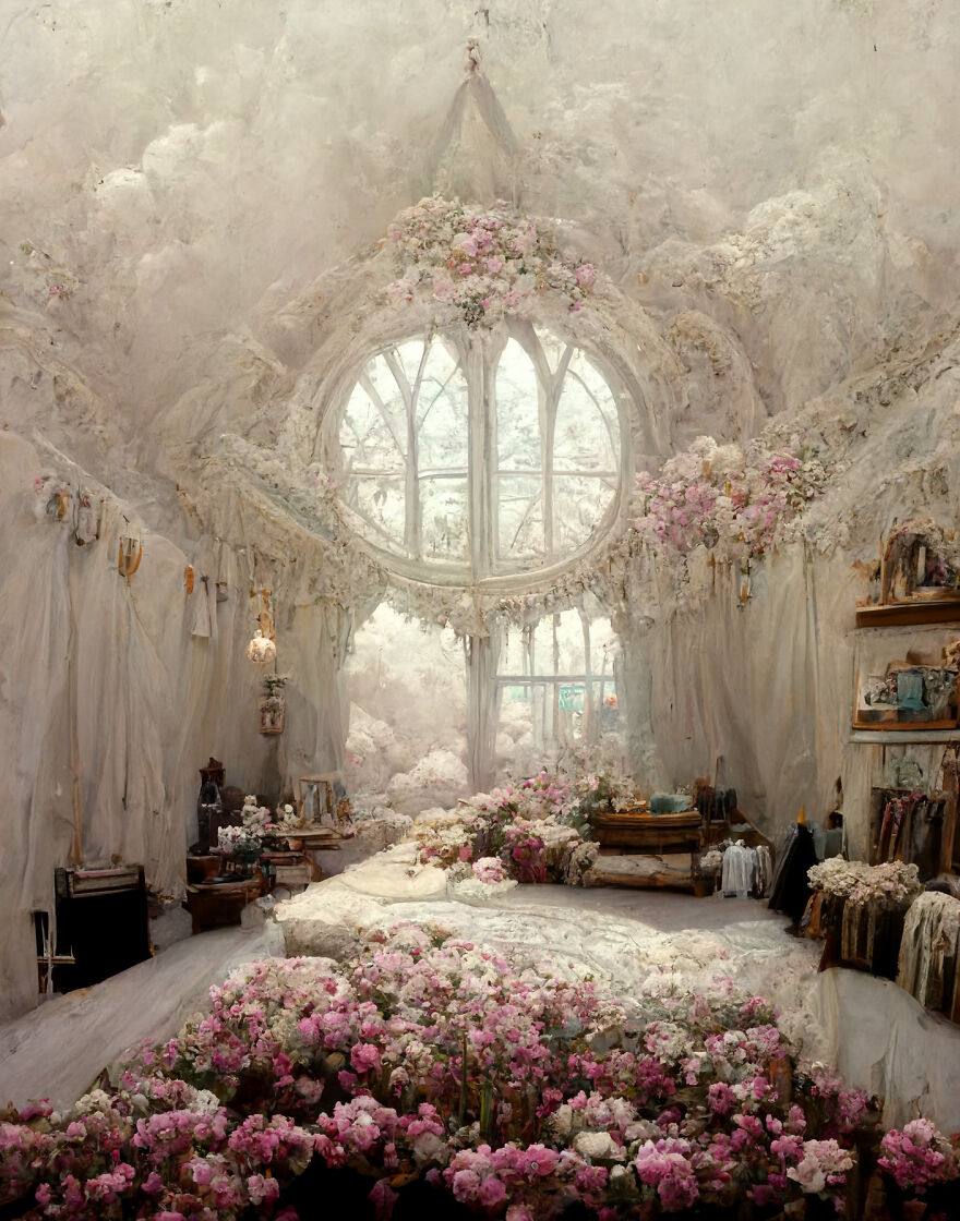 Dream world bedroom filled with blooming pink flowers and soft natural light through a large arched window.