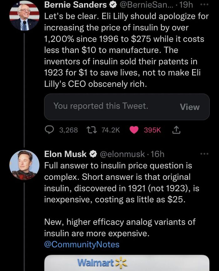 Bernie Sanders Calls Out Company Purposefully Raising Insulin Prices, When Elon Musk Tries To Defend Them, Twitter Corrects His Facts