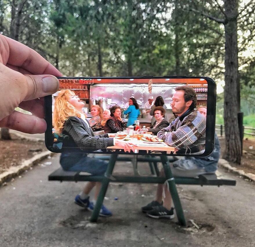 A combination of real-life scene with a pic on a smartphone