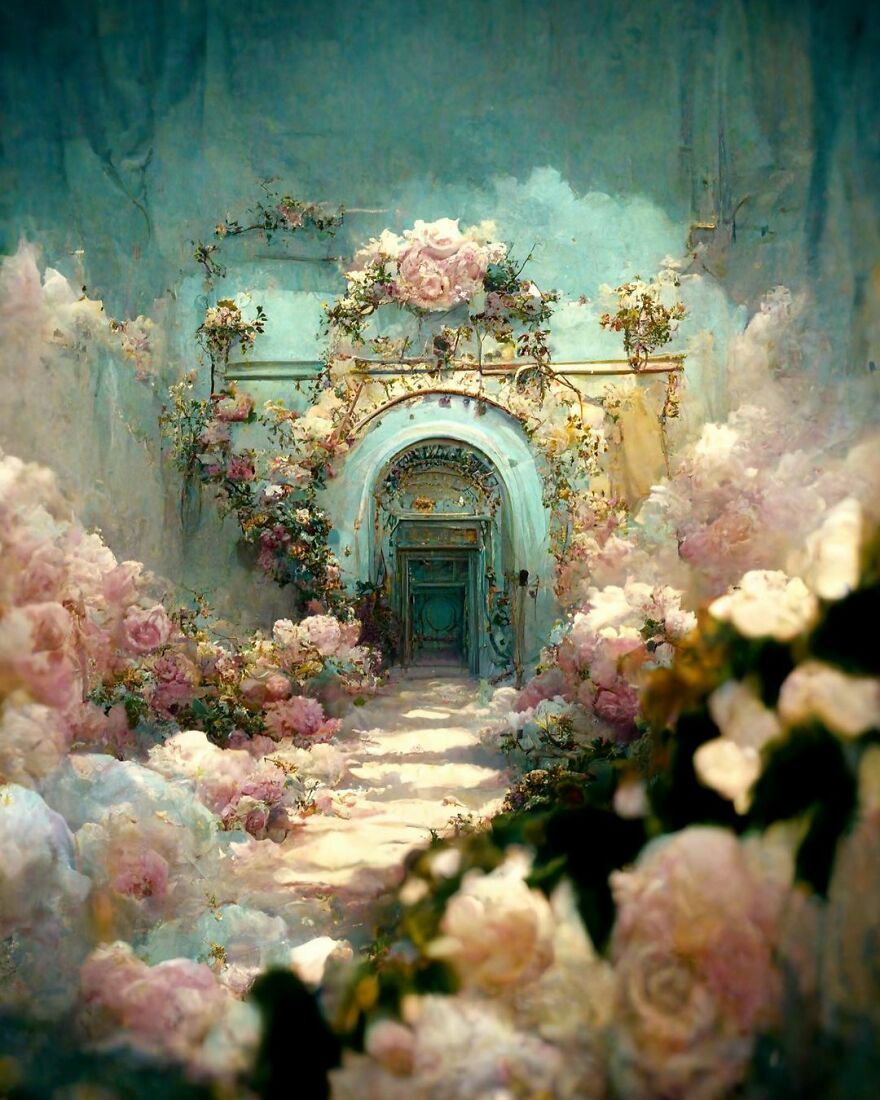 Dream world scene with a floral archway and pastel-colored roses, created using AI for beautiful image exploration.