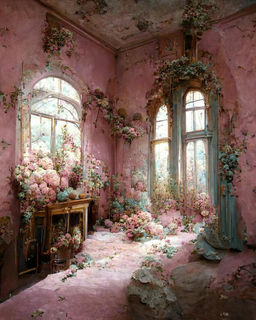 Dream world scene with sunlight-filled room overgrown with pink and blue flowers, created using AI exploration.