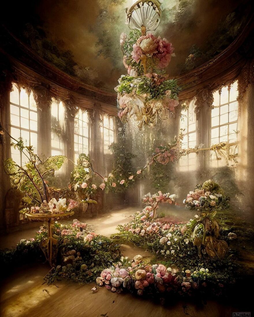 AI dream world with ornate floral chandelier and lush garden in a bright, vintage-style room filled with sunlight.