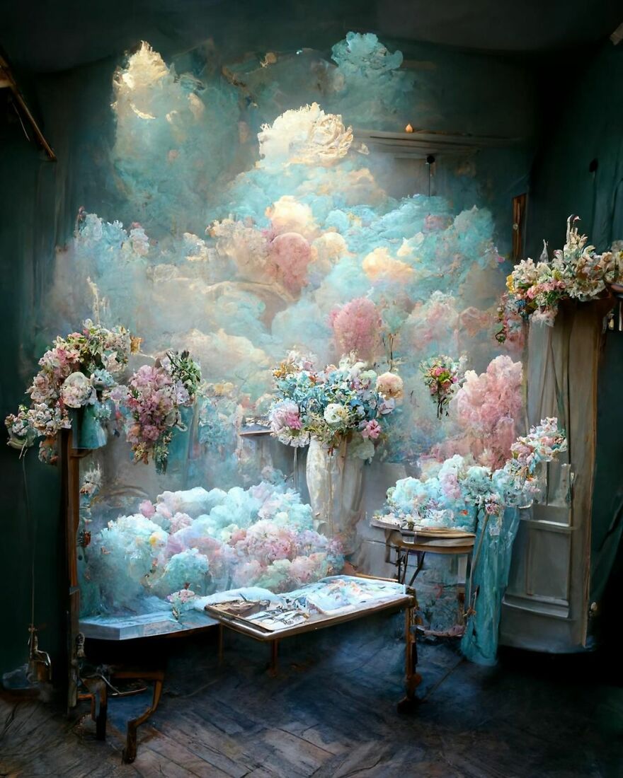 Dream world created with AI featuring pastel clouds and floral arrangements in an artistic, surreal indoor setting.