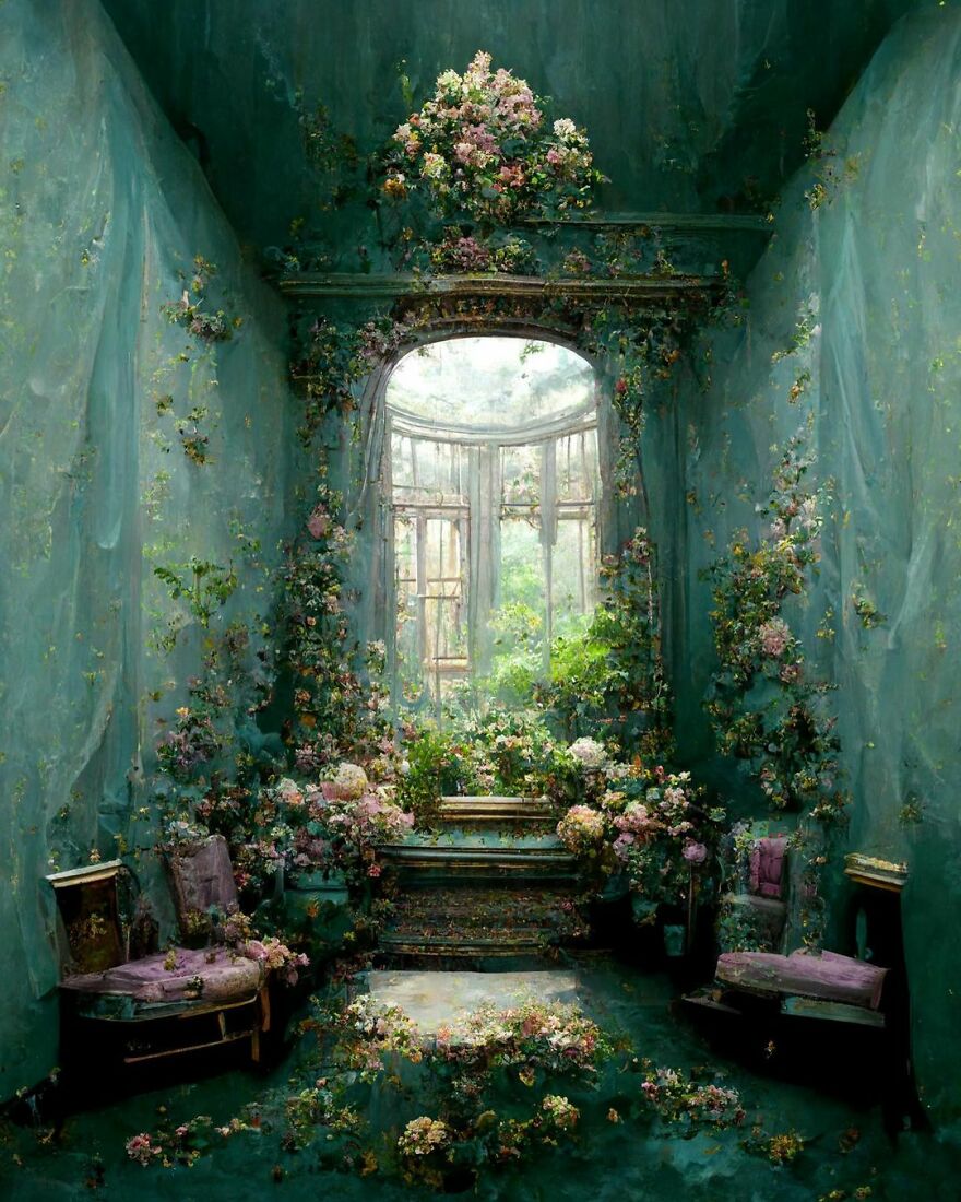 Dream world scene with lush flowers and greenery filling an old, serene room framed by large windows.