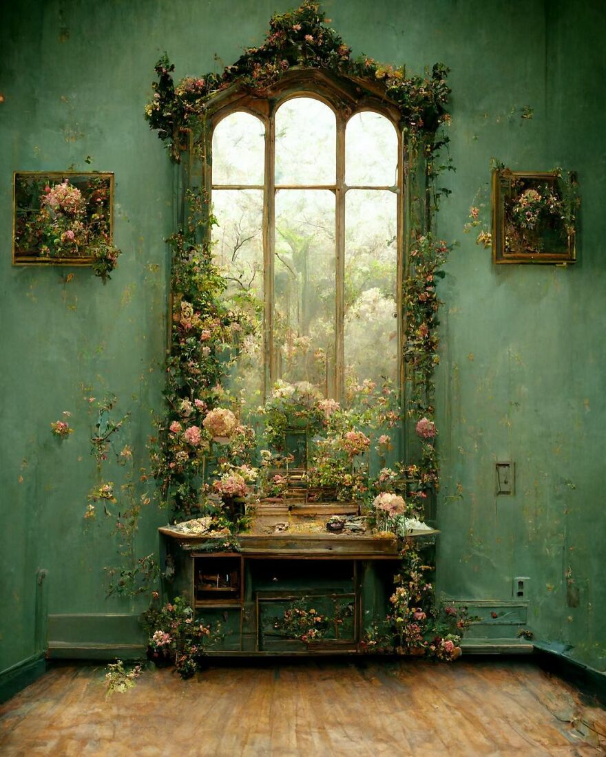 Vintage wooden desk and large arched window adorned with blooming flowers in a green room, showcasing beautiful AI dream world art.