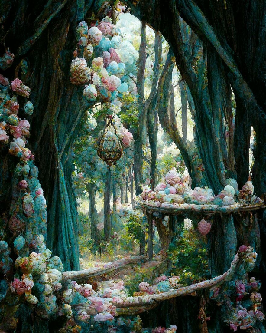 Dream world scene created with AI, featuring a magical forest filled with pastel-colored flowers and glowing natural light.