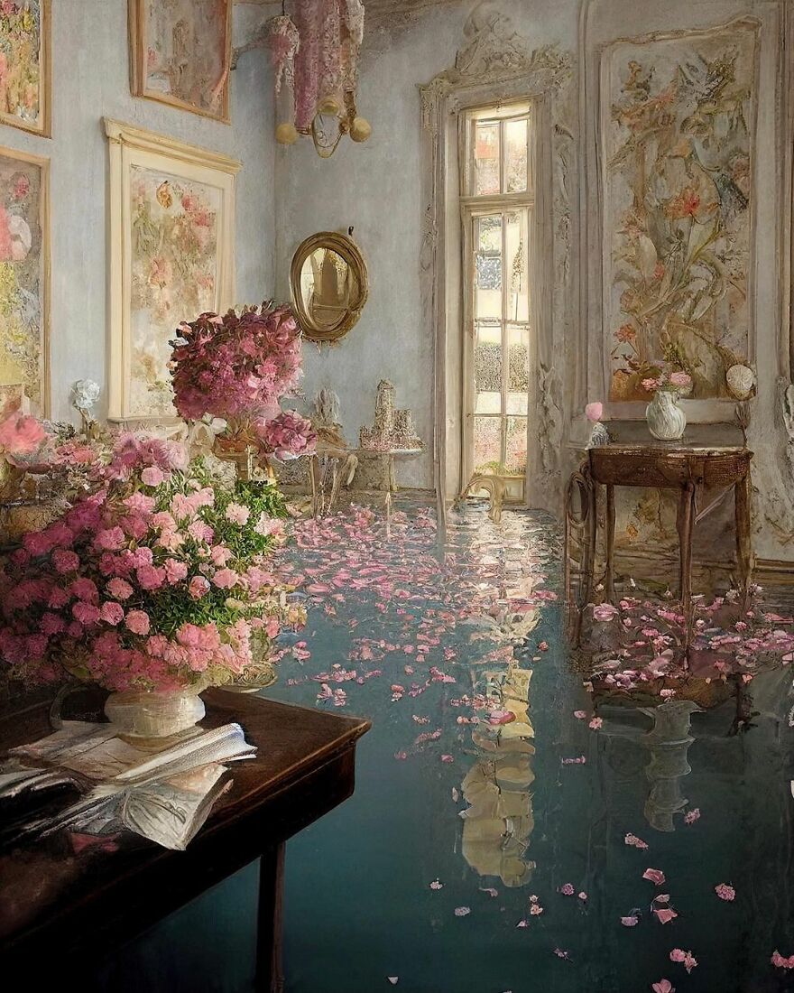 Elegant room with pink flowers and petals floating on water, showcasing a beautiful AI dream world exploration scene.